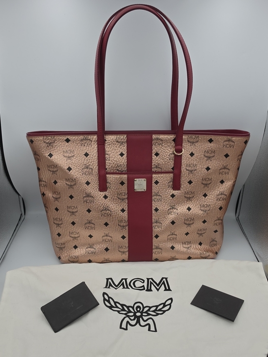 MCM Handbags - MCM Rose Gold Metallic Vietos Burgundy Stripe Gold Hardware Large Tote (EUC)✨️